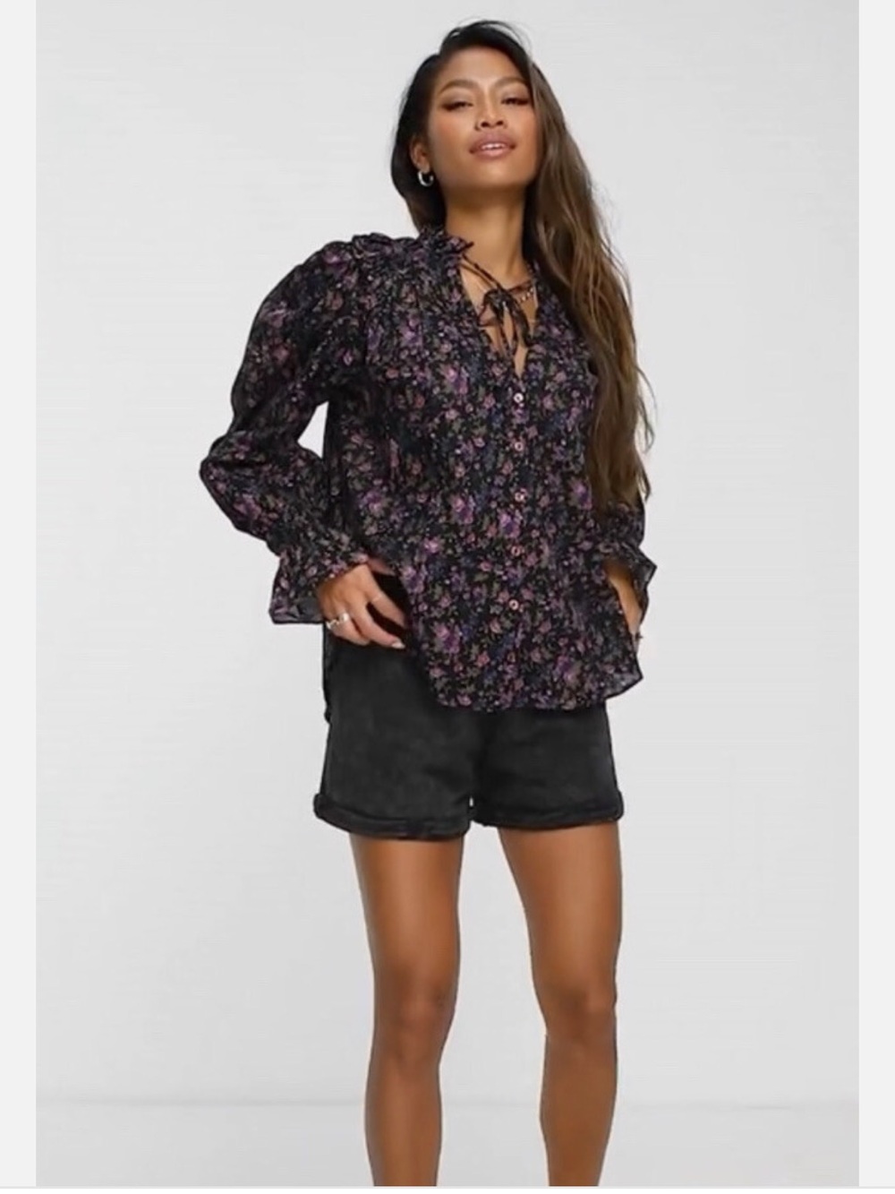 Free People Black Peasant Blouse with Purple Floral